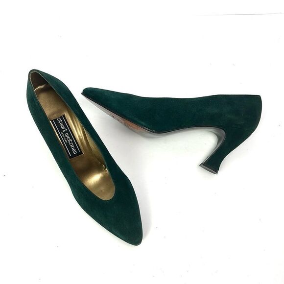 New Stuart Weitzman Green Suede Heels Pumps Gold Tone Leather Lining US 8 B - Picture 2 of 12